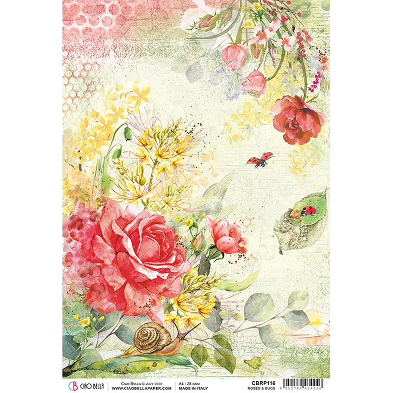 Roses & Bugs  - Ciao Bella Piuma Rice Paper A4 - 5 pack