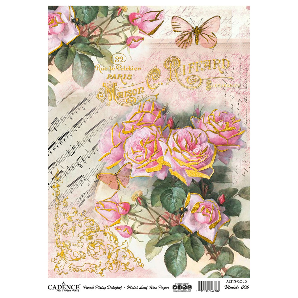 Cadence Rice A3 Decoupage Paper -  Metal Leaf Gold - Dreaming of Roses