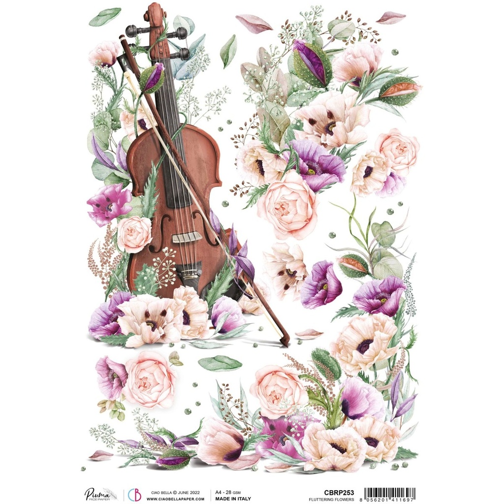 Ciao Bella Paper - Fluttering Flowers A4 rice paper (SINGLE Sheet)