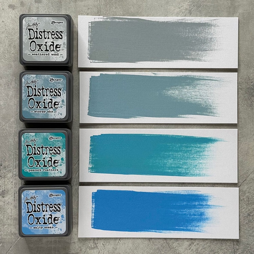 Tim Holtz Mini Distress Oxide Pads - Kit 4 (Includes Weathered Wood/Stormy Sky/Peacock Feathers/Salty Ocean)