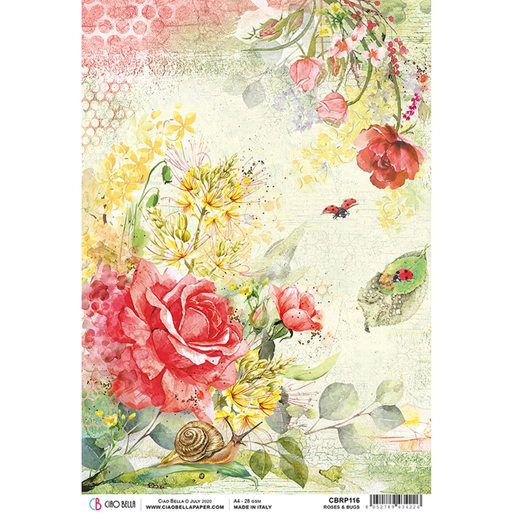 Roses & Bugs  - Ciao Bella Piuma Rice Paper A4 - 5 Pack