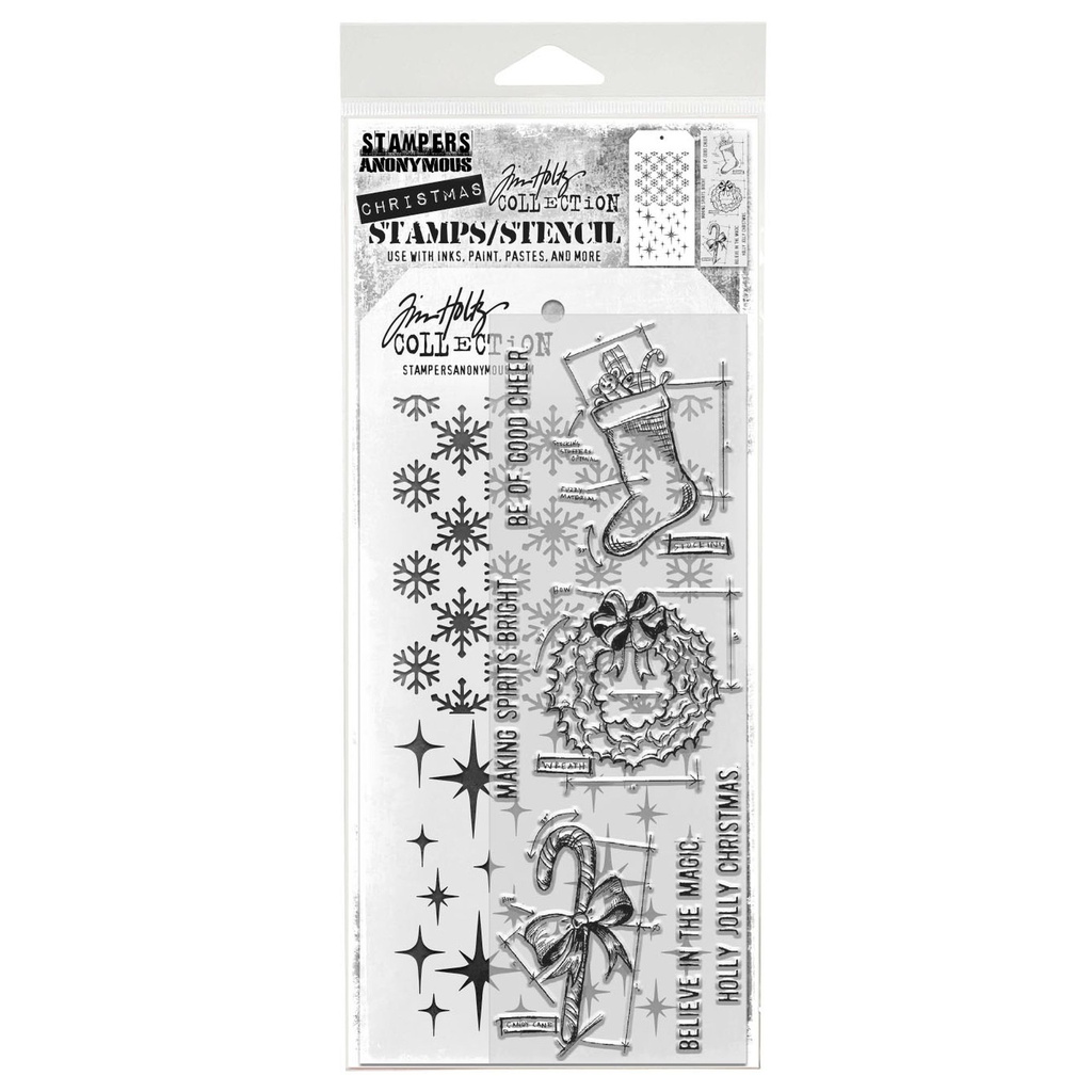 Tim Holtz Mixed-Media Stamps & Stencil Set: MIXED MEDIA - BLUEPRINT CHRISTMAS #1