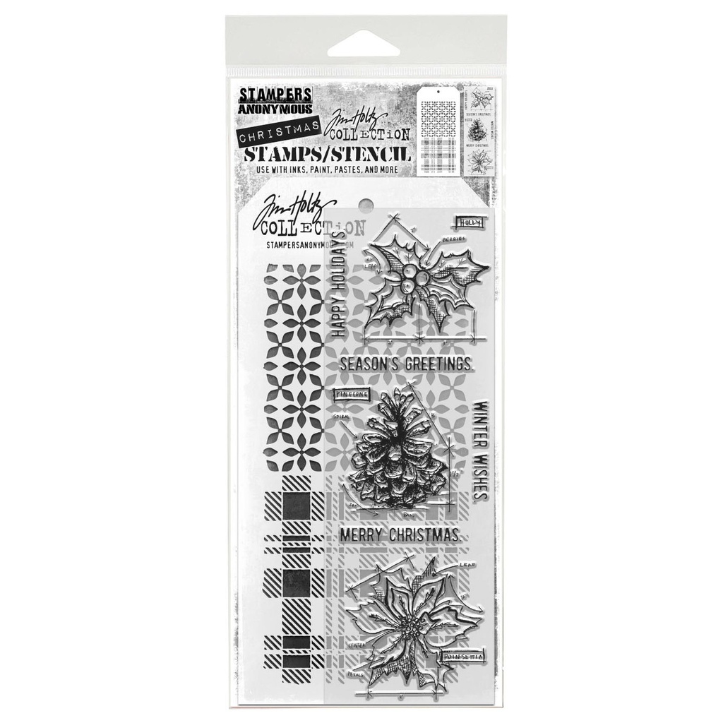 Tim Holtz Mixed-Media Stamps & Stencil Set - Blueprint Christmas #2