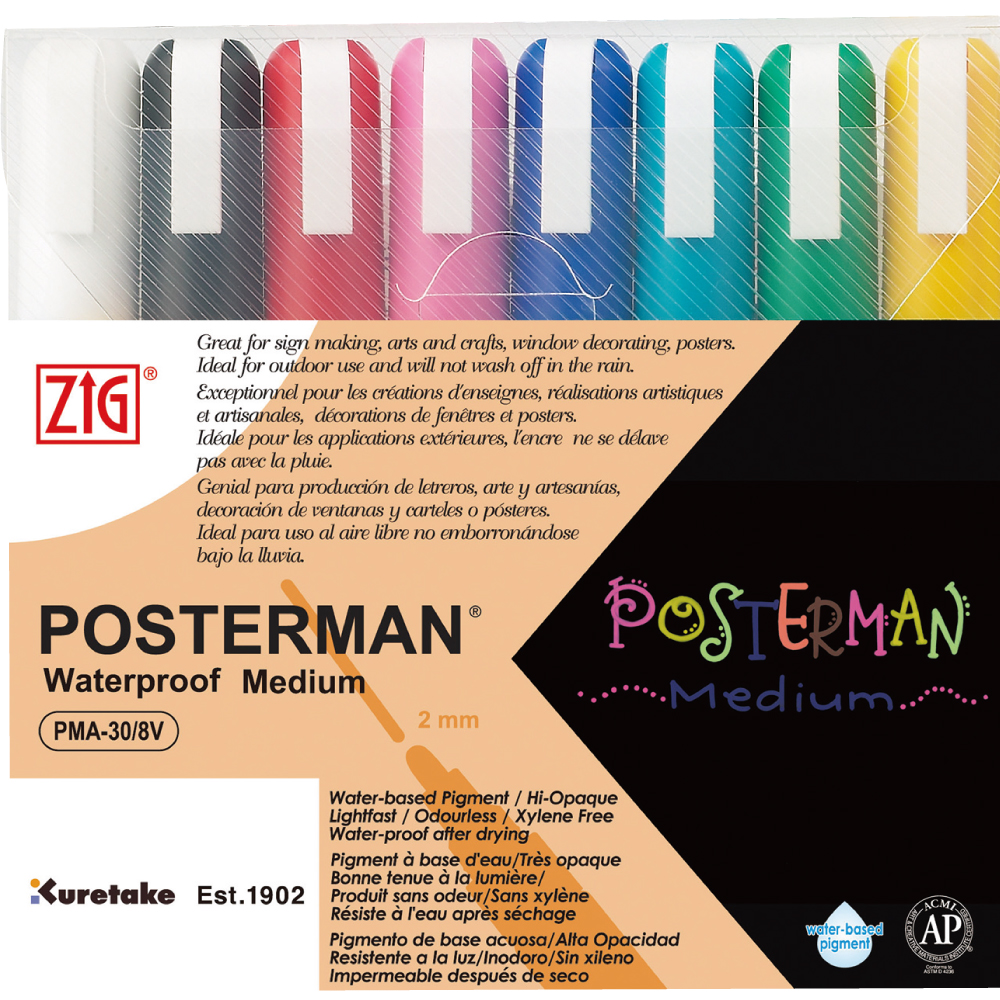 Kuretake ZIG Posterman Medium Tip Markers - 8 pen set