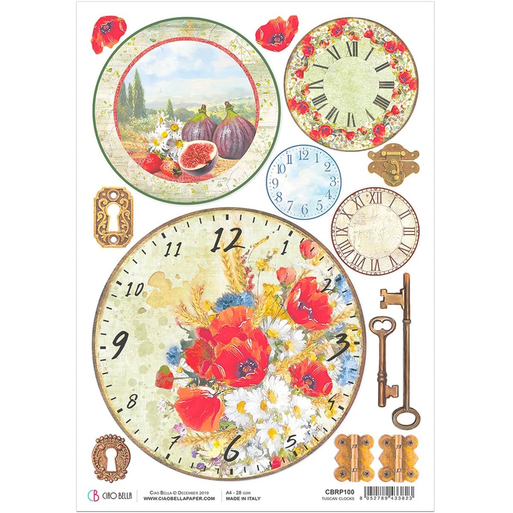 Ciao Bella Paper - Tuscan Clocks A4 rice paper (SINGLE Sheet)