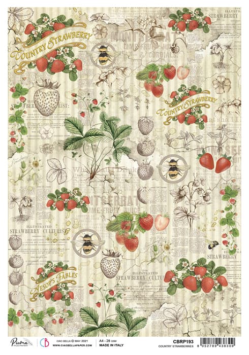 Country Strawberries - Ciao Bella Piuma Rice Paper A4 - 5 pack