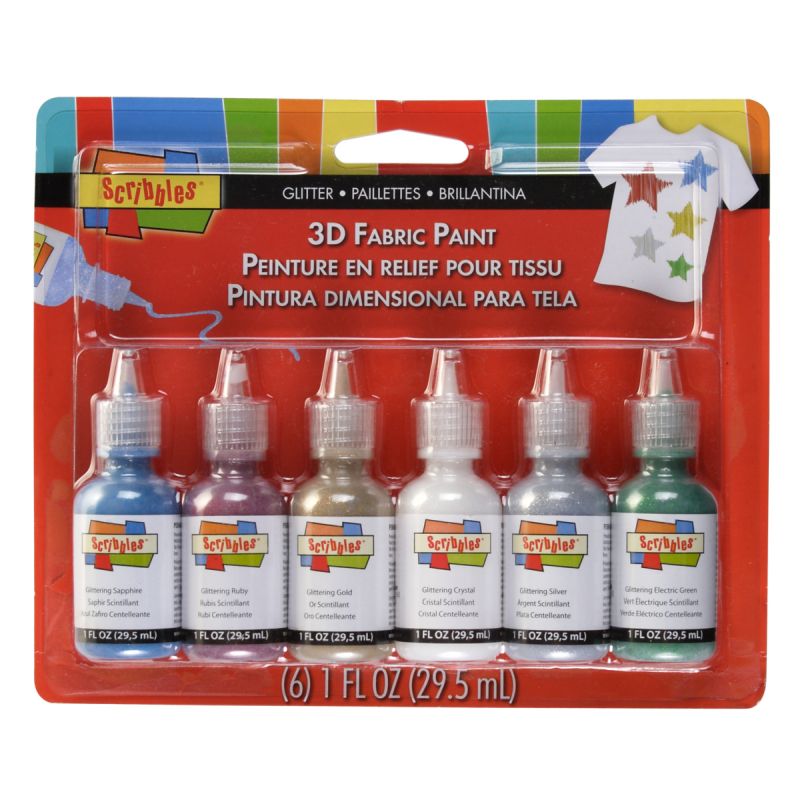 Scribbles Glittering 3D Fabric Paint - 6 pack