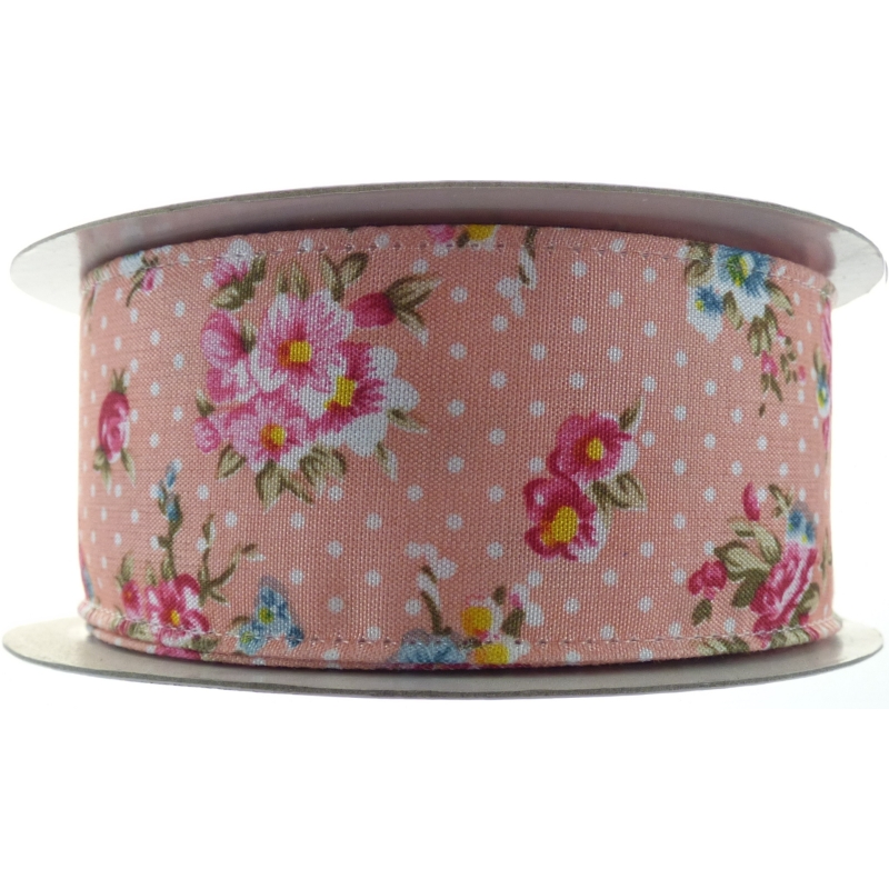 Vintage Flowers and Dots Ribbon 38mmx10m Classic Pink No.07