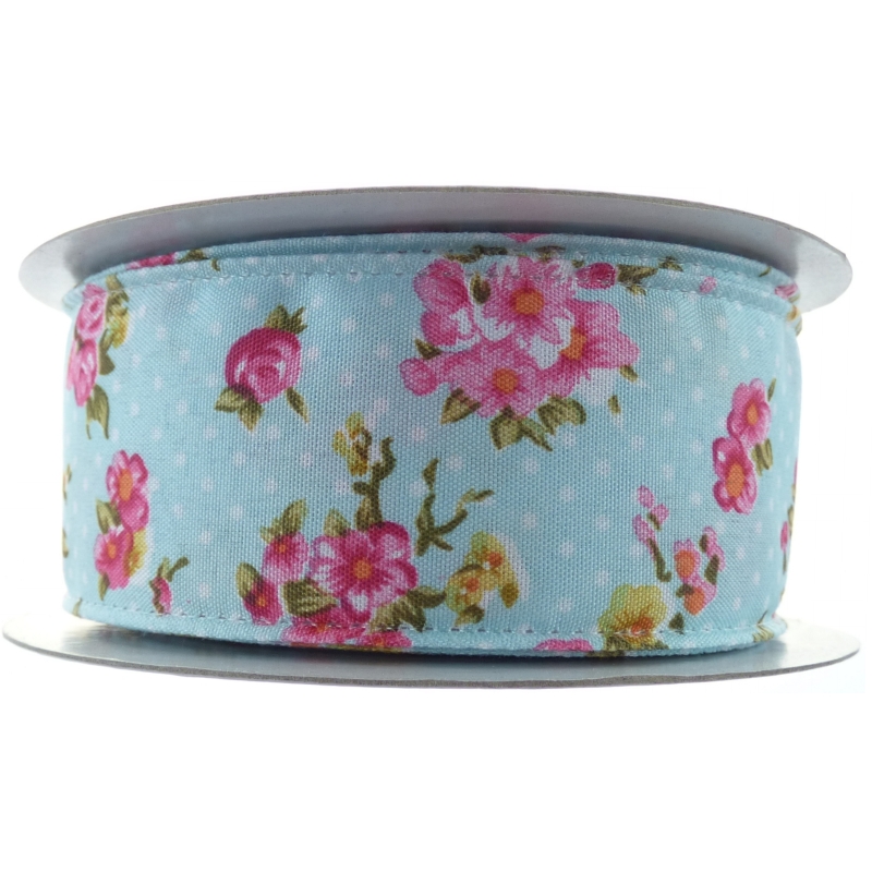 Vintage Flowers and Dots Ribbon 38mmx10m Light Blue No.25