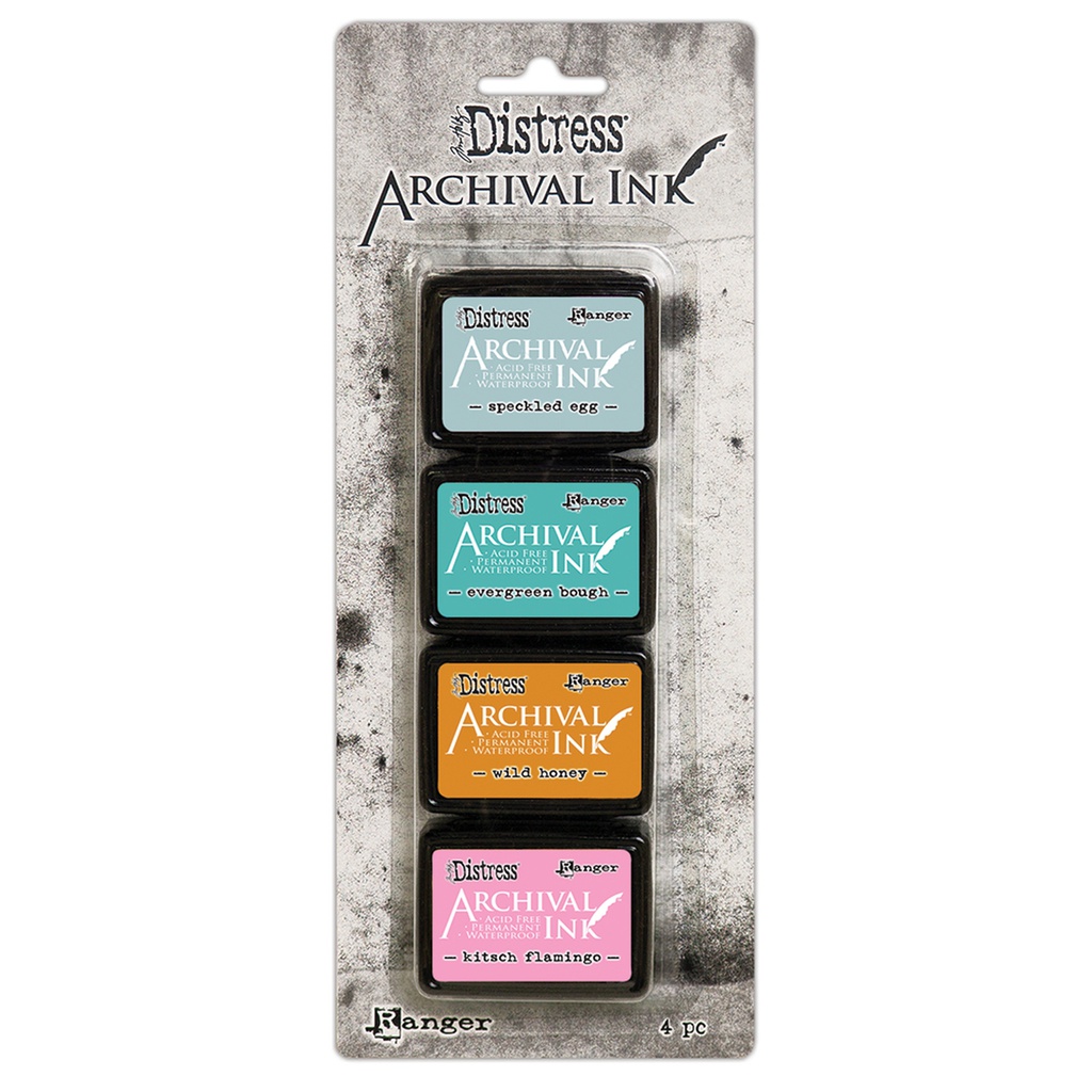 Tim Holtz - Distress - Archival Mini Ink Kit 4 - Speckled Egg/Evergreen Bough/Wild Honey/Kitsch Flamingo
