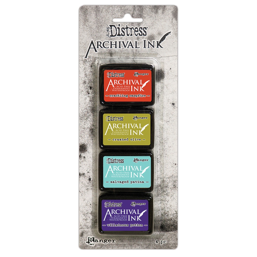 Distress Archival Mini Ink Kit 5 -Crackling Campfire/Crushed Olive/Salvaged Patina/Villainous Poison