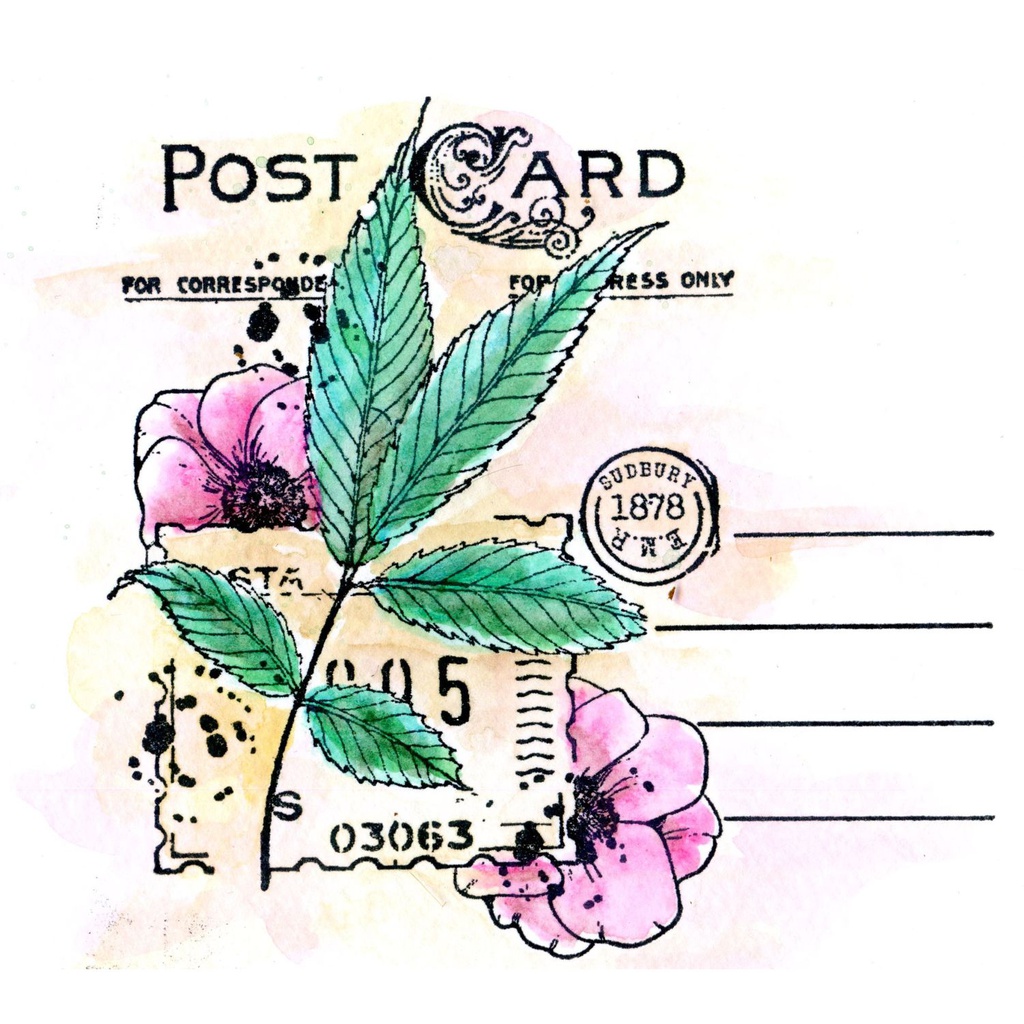 Post Card, Leaves, Flowers & Postage Mark A6 personal Impressions Stamp